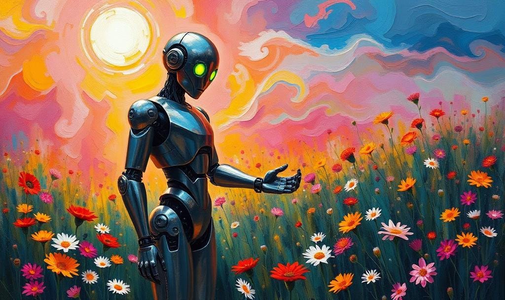 A vibrant expressionist oil painting depicting a futuristic robot standing amidst a sunlit wildflower meadow, its metallic body reflecting waves of intense color. The robot’s posture and glowing LED eyes convey awe and tranquility, as it gently touches blooming flowers, surrounded by swirling brushstrokes and bold colors that illustrate a deeply moving, subjective sense of wonder and beauty. Inspired by Edvard Munch and Wassily Kandinsky, with dramatic lighting and a dreamlike atmosphere.