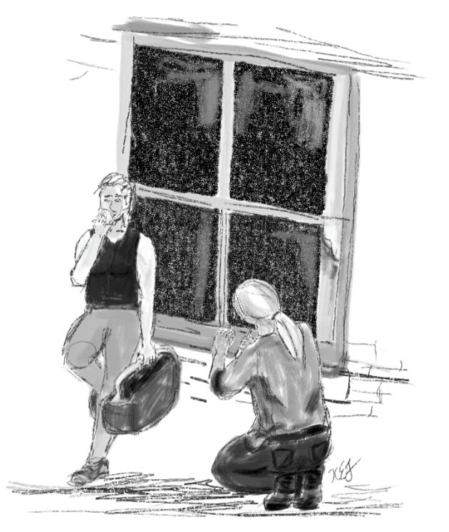 sketch of two women fixing a window by kel e fox