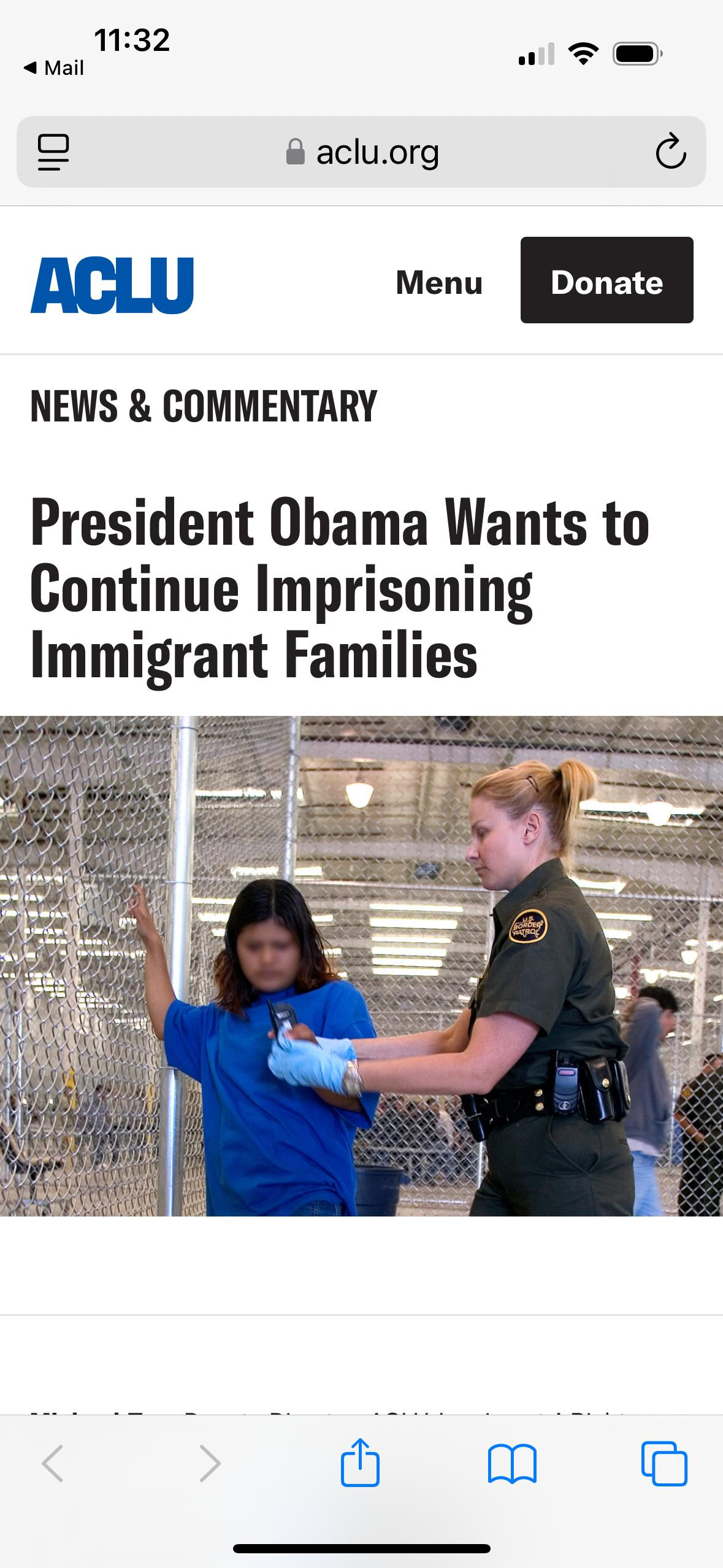 May be an image of 3 people and text that says '11:32 Mail aclu.org ACLU Menu Donate NEWS & COMMENTARY to President Obama Wants Continue Imprisoning Immigrant Families'