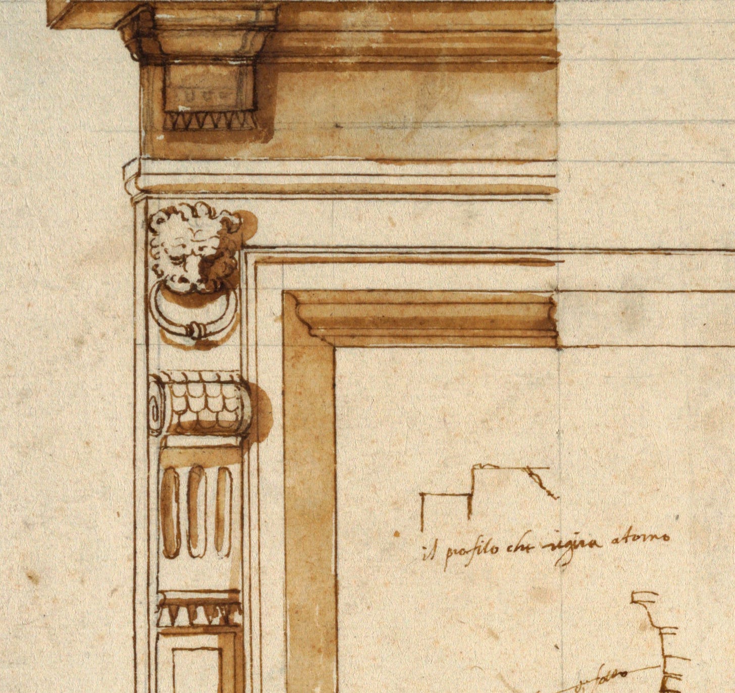 Circular pediment with a central bucranium supporting festoons in the lunette. Between pediment and window frame is an entablature with lateral consoles as support of the pediment. Lion mask & ring in mount in left upper corner of frame. Below it a tenglyph*** with a scroll on top. In center are two sections. Rendered in pen and brown ink. Circular pediment with a central bucranium supporting festoons in the lunette. Between pediment and window frame is an entablature with lateral consoles as support of the pediment. Lion mask & ring in mount in left upper corner of frame. Below it a tenglyph*** with a scroll on top. In center are two sections. Rendered in pen and brown ink.