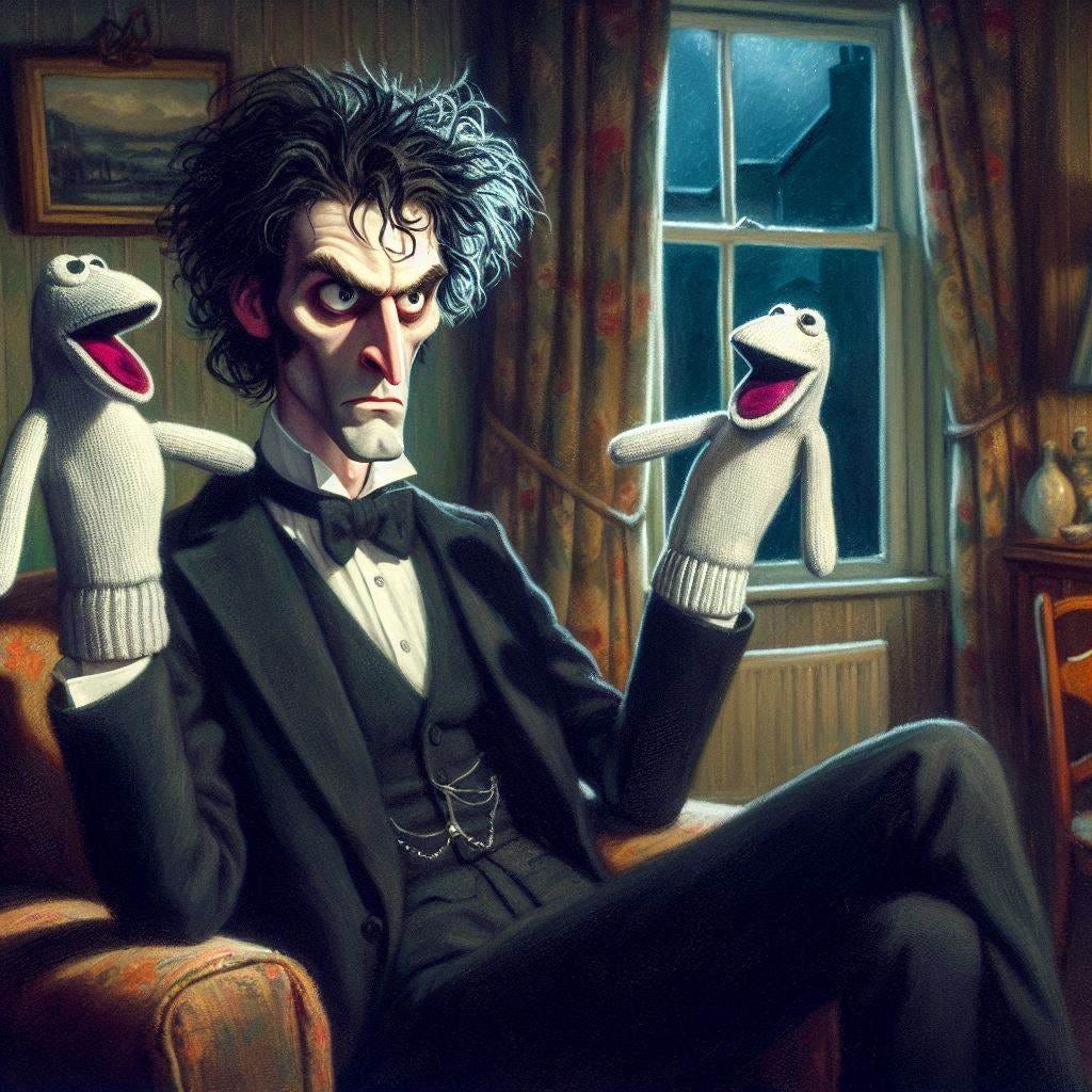 A tall skinny lugubrious white man with unruly black hair dressed all in black makes has sock puppets on his hands and pretends they are talking to each other while he sits in a well-appointed living room in an English home. He has an angry expression on his face. Night. Impressionist-style. A tall skinny lugubrious white man with unruly black hair dressed all in black makes has sock puppets on his hands and pretends they are talking to each other while he sits in a well-appointed living room in an English home. He has an angry expression on his face. Night. Impressionist-style.