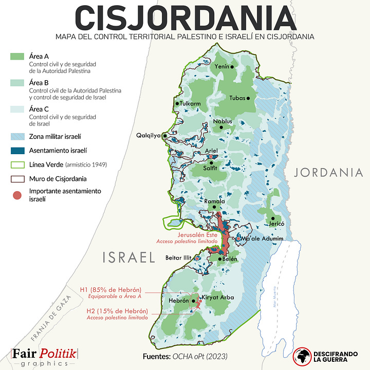 Ocupación Cisjordania: Fuente OCHA, vía Descifrando la Guerra /// Mapa Ocupación de Gaza, fuente OCHA, elaboración Diario El Mundo (España)