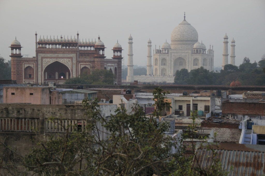 Taj Mahal, Agra, Blick, Café, Abend, sunset, Sonnenuntergang, view