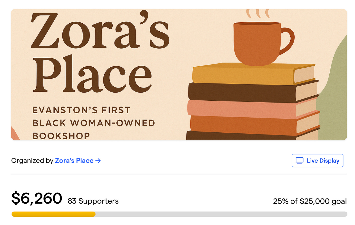 Screenshot of a crowdfunding campaign for Zora's Place, Evanston's first Black woman-owned bookshop