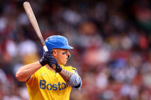 Tyler O'Neill of the Boston Red Sox at bat against the Tampa Bay Rays during the first inning at Fenway Park on September 28, 2024 in Boston,...