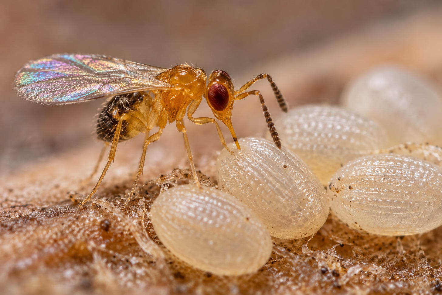 Makroaufnahme einer winzigen Schlupfwespe mit goldgelbem Körper, grossen roten Facettenaugen, langen gegliederten Fühlern und durchsichtigen, regenbogenfarben schimmernden Flügeln. Die Wespe steht zwischen mehreren weisslich-transparenten, ovalen Insekteneiern mit fein gerippter Oberfläche und berührt eines davon mit ihrem Hinterleib.