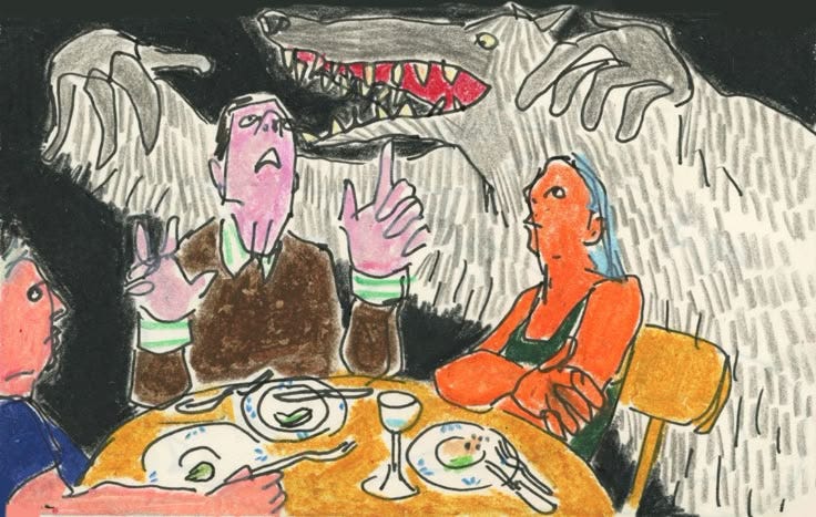 This may contain: a drawing of two people sitting at a table This may contain: a drawing of two people sitting at a table