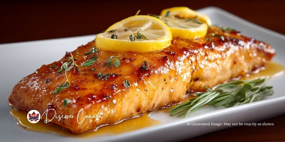 Maple-glazed Arctic char fillet with lemon and herbs.