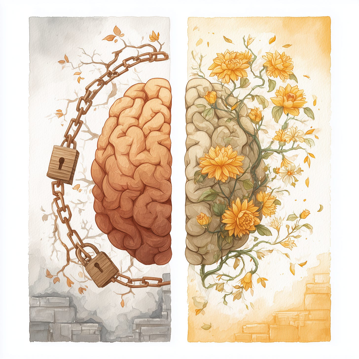 Uma ilustração de um cérebro, onde no lado esquerdo ele é limitado por quem é hoje (fixed mindset), e no lado direto é possível fazer novas conexões e crescimento (growth mindset). Uma ilustração de um cérebro, onde no lado esquerdo ele é limitado por quem é hoje (fixed mindset), e no lado direto é possível fazer novas conexões e crescimento (growth mindset).