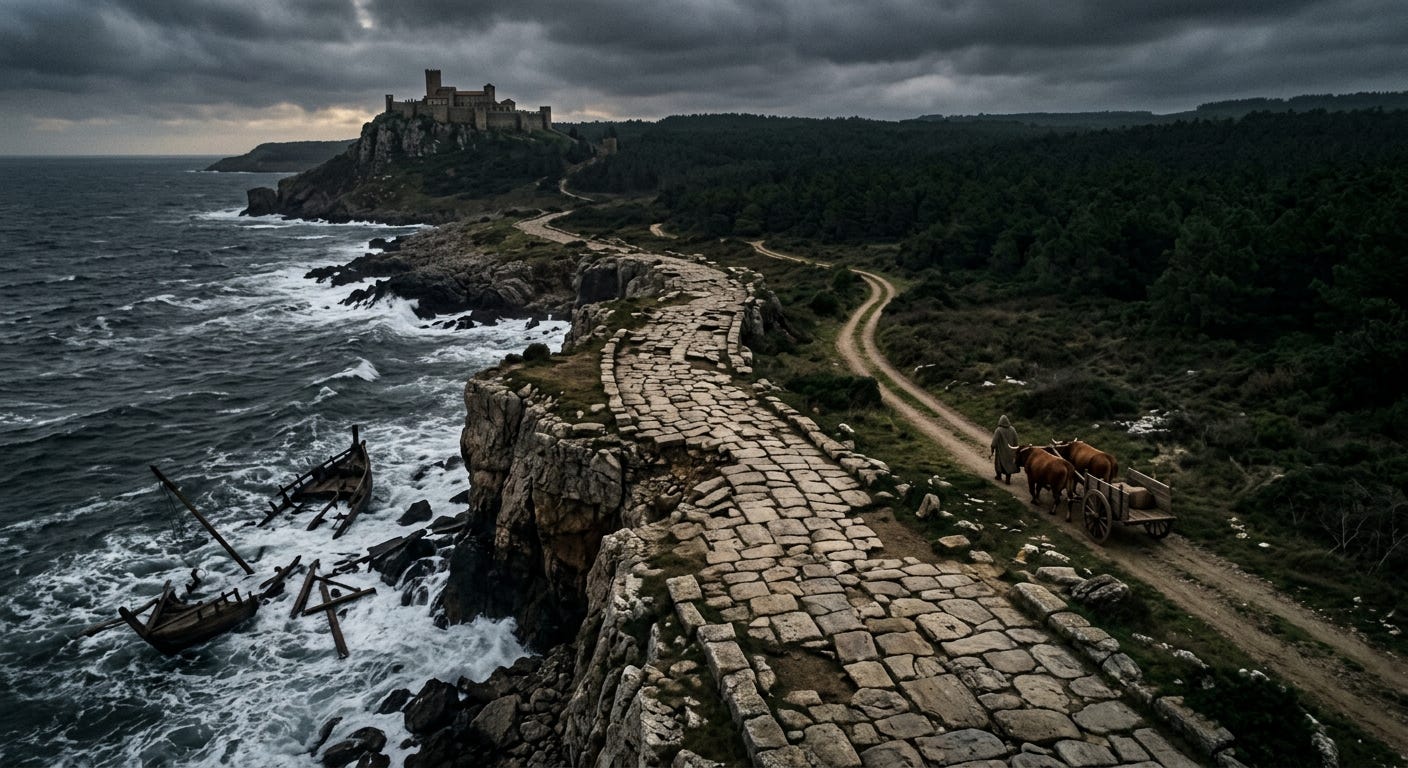 A sweeping aerial photograph of a large, broken Roman coastal road ending abruptly at a storm-tossed sea. Parallel to it, a small dirt track with an ox-cart leads inland toward a dark forest and a fortified monastery on a distant hill. Stormy and low-key lighting.