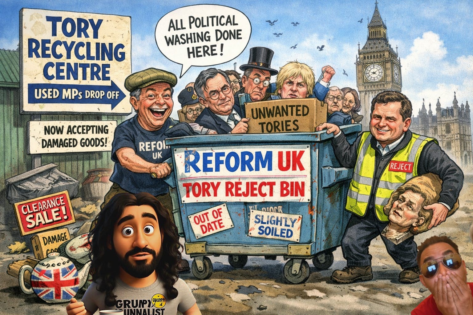 Cover artwork of the article “Reform UK: Now Britain’s Leading Recycling Centre for Used Tories”