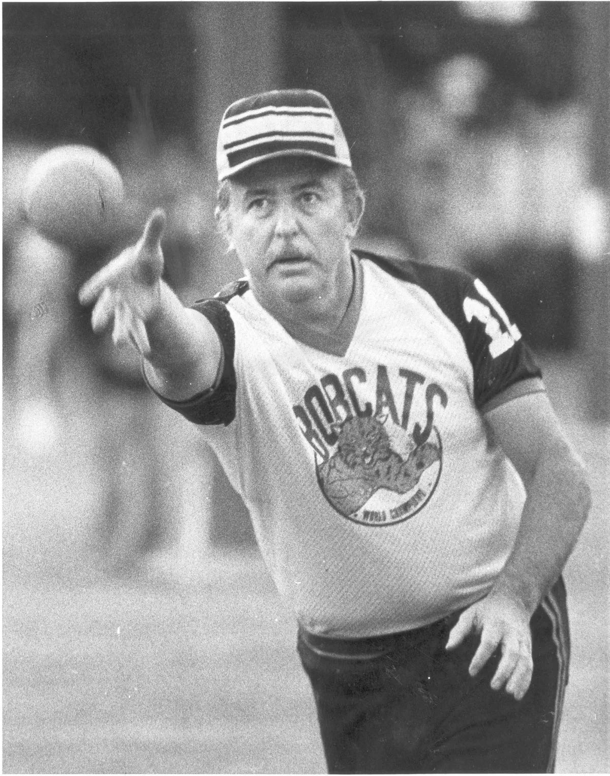Bobcat player-manager Eddie Zolna lobs the "mush ball."