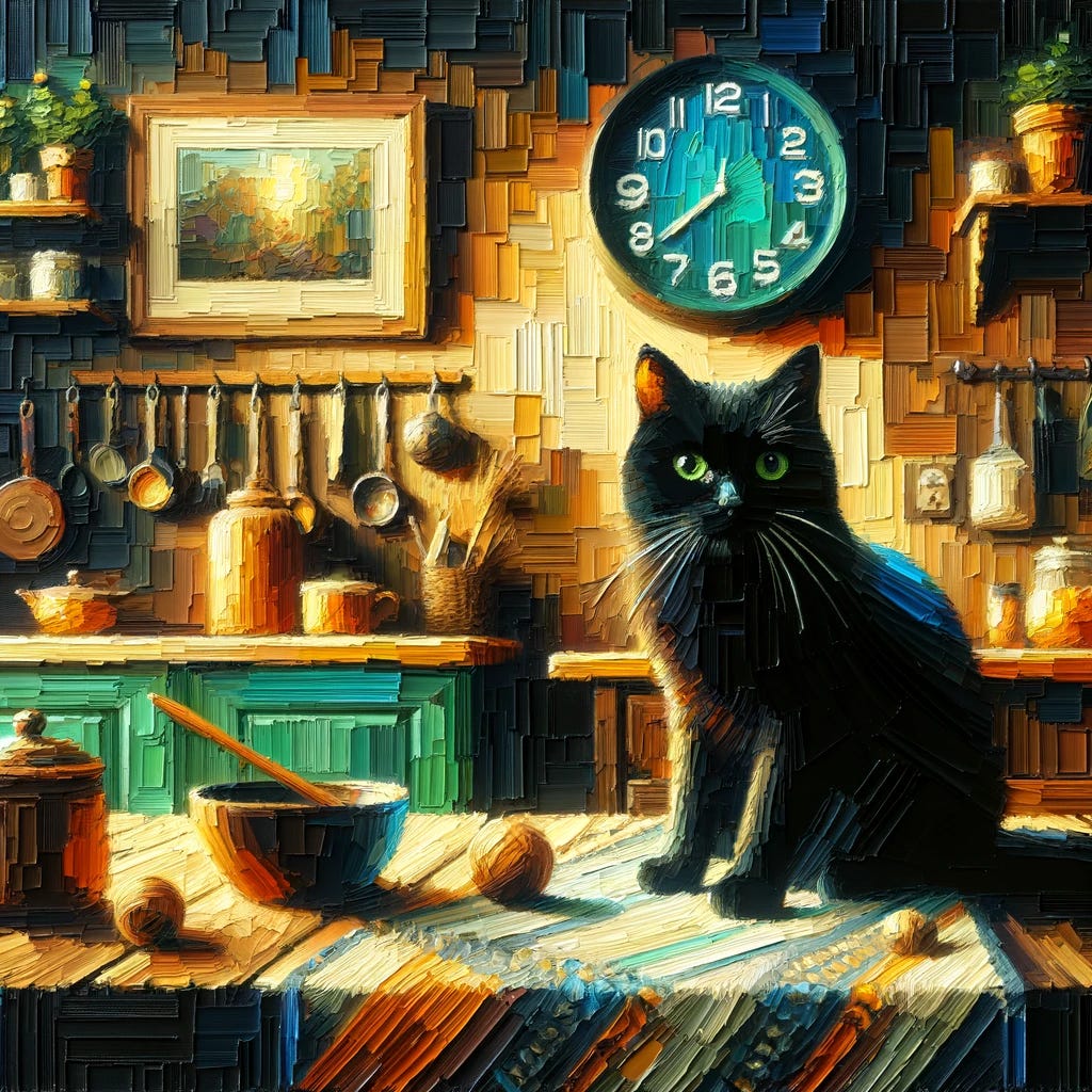 Create a detailed oil painting from the provided image, featuring a black cat in a domestic interior. The artwork should emphasize the texture of the oil paint with heavy, visible brushstrokes, showing the cat, the neon clock, the framed artwork, and the kitchen items. The canvas texture should be apparent, contributing to the tactile quality of the painting. Use a warm, rich color palette to enhance the cozy atmosphere of the home setting.
