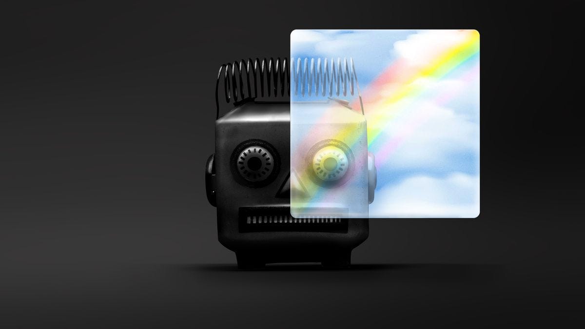 Image of a robot beneath a rainbow