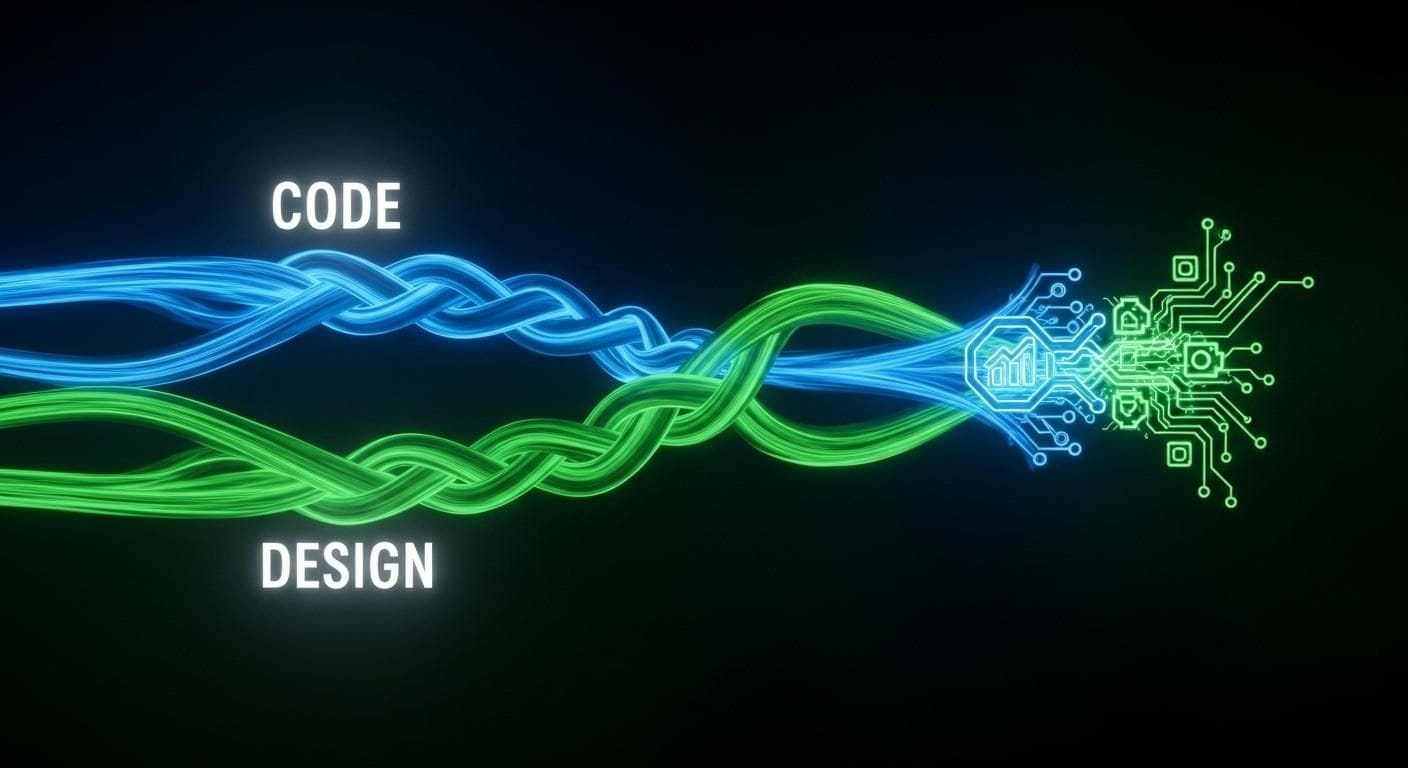 A cinematic visual representation of parallel AI processing. Two streams of light, one vibrant blue representing code generation and one creative green representing logo design, flow concurrently into a central project node. A cinematic visual representation of parallel AI processing. Two streams of light, one vibrant blue representing code generation and one creative green representing logo design, flow concurrently into a central project node.