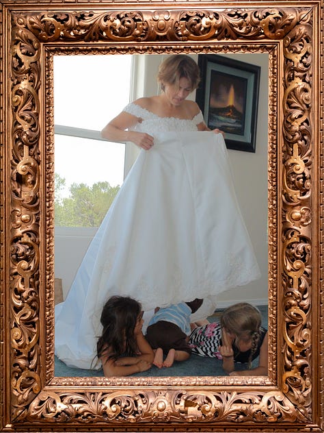 Several images of author Rosa Linda Román wearing a white wedding dress with her three kids playing underneath it like a tent.