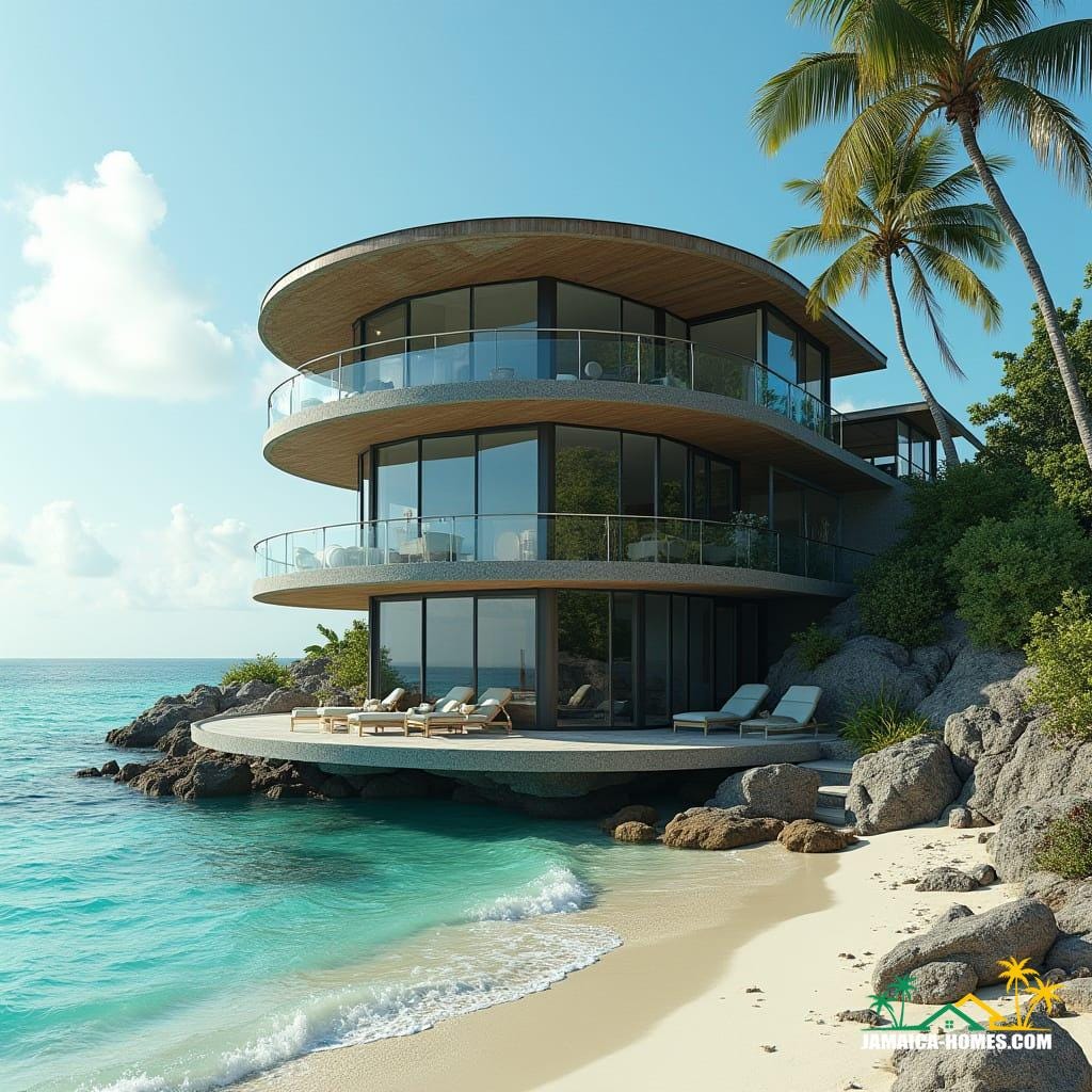 A majestic 4-storey steel frame round beach home in Jamaica, Caribbean, with protruding balconies, bathed in warm cinematic lighting 