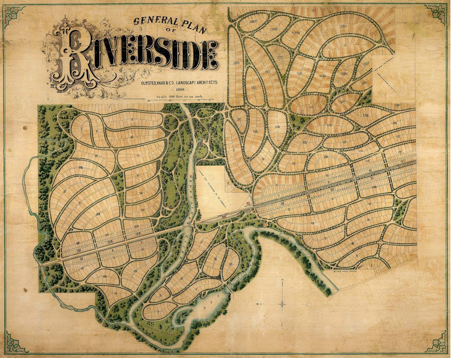 Sepia-toned plan of the village of Riverside with curved streets, plot lines, and trees. “General Plan of Riverside” is printed in curled block text at the top left. Sepia-toned plan of the village of Riverside with curved streets, plot lines, and trees. “General Plan of Riverside” is printed in curled block text at the top left.