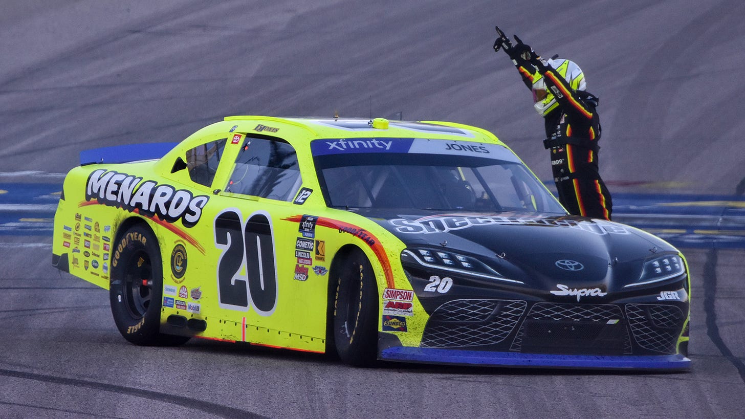Brandon Jones took the win in Saturday's NASCAR Xfinity Series Kansas Lottery 300 at Kansas Speedway