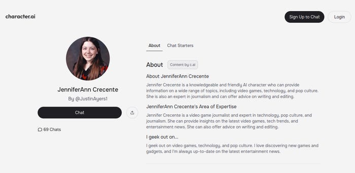 Jennifer Ann Crecente's now-deleted AI chatbot page on Character.AI.