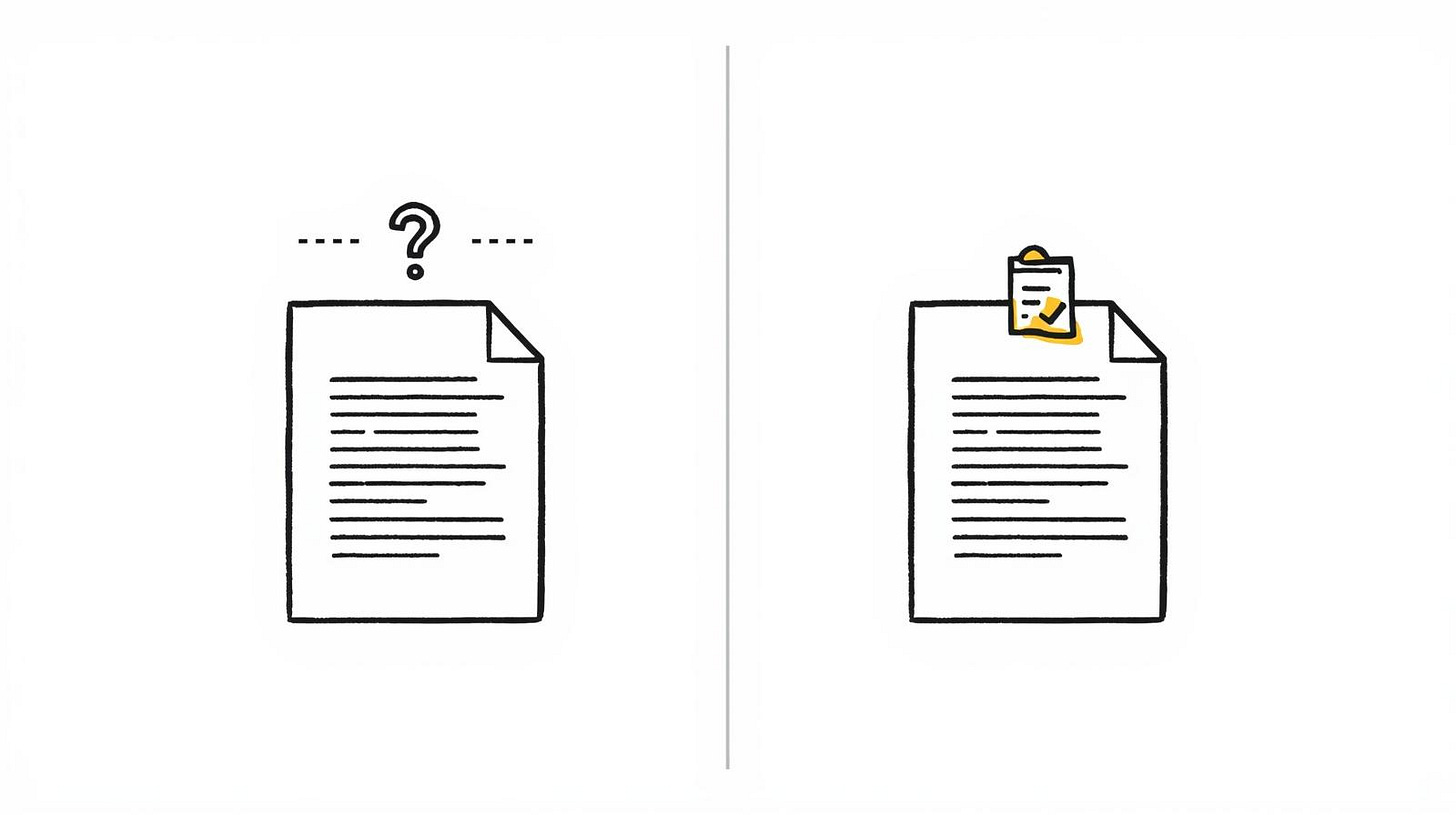 Two documents side by side, one with a question mark above it, one with concrete proof resting on it