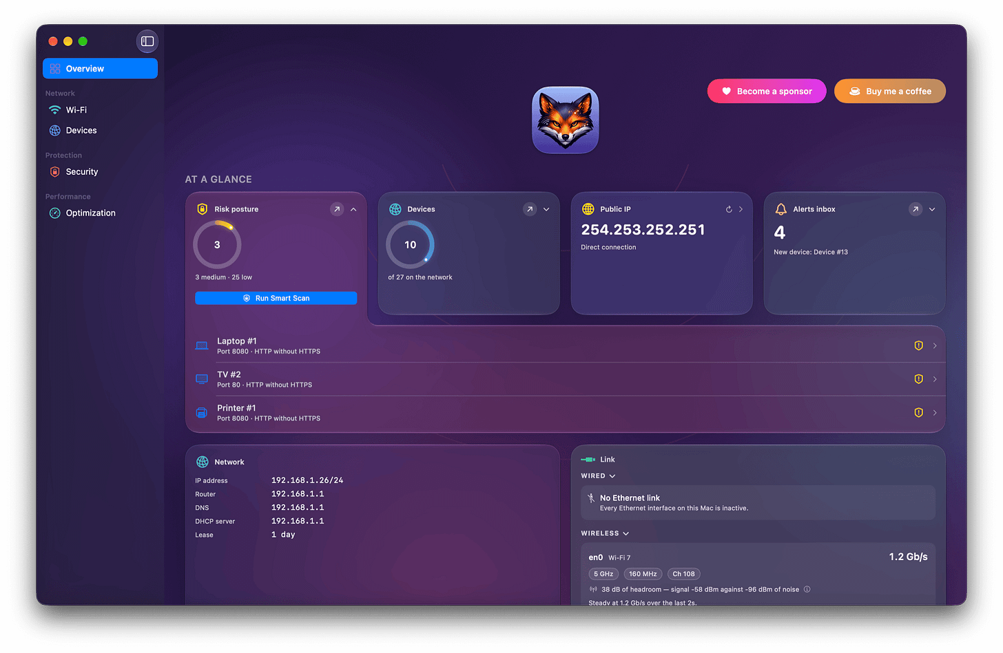 The Netfox Overview with the Risk posture card open: 3 devices at risk, 3 medium and 25 low, with Run Smart Scan, and under it Laptop #1, TV #2 and Printer #1, each serving HTTP without HTTPS on port 8080 or 80. Beside it, Devices at 10 of 27 on the network, the public IP on a direct connection, and an alerts inbox of 4 led by a new device; below, the network details and a Link card with its Wired and Wireless sections