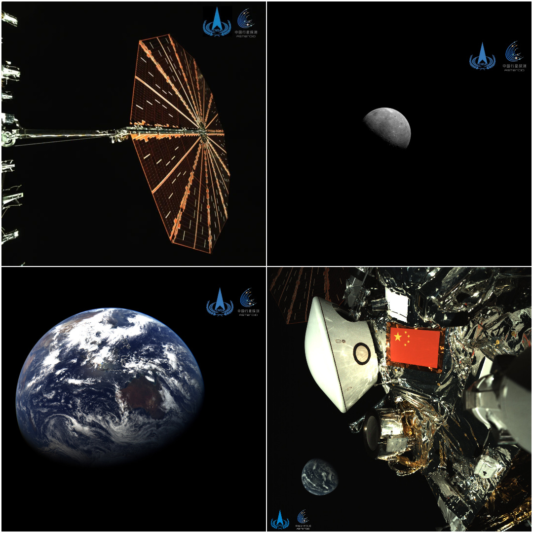 Images from the Tianwen-2 spacecraft during its start of flight in deep space, with Earth (bottom left and right) and the Moon (top right) seen from a distance.