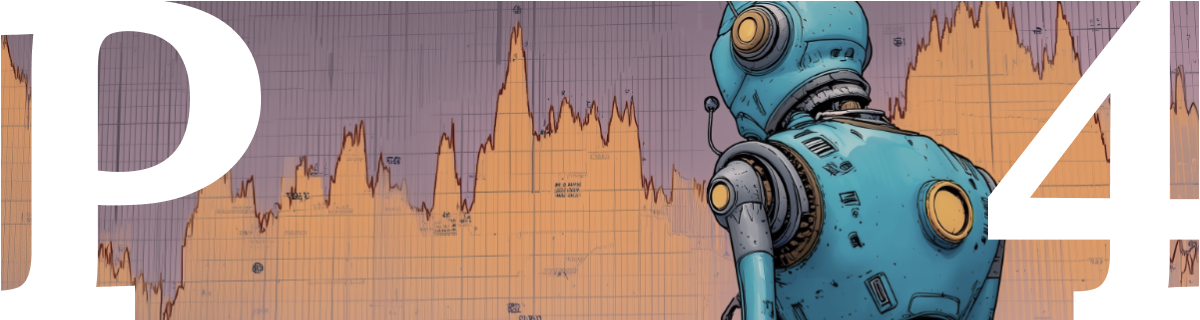 Illustration of a robot facing a large orange and purple line chart with sharp data fluctuations, symbolizing AI pipelines, measurement, and reproducible transparency.
