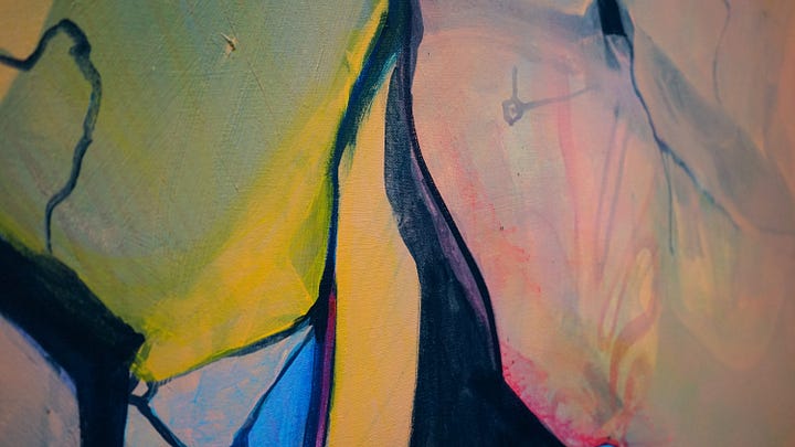Four images show close-up shots of one of Briget's paintings. The primary. colors are orange, pink, dark blue, green and light blue. There are moments of neon orange and soft purple.