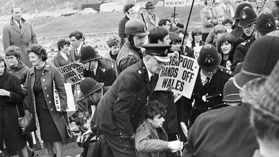 Welsh nationalist demonstrators pictured at the opening of Tryweryn reservoir are confronted by police on 21 October 1965 Welsh nationalist demonstrators pictured at the opening of Tryweryn reservoir are confronted by police on 21 October 1965