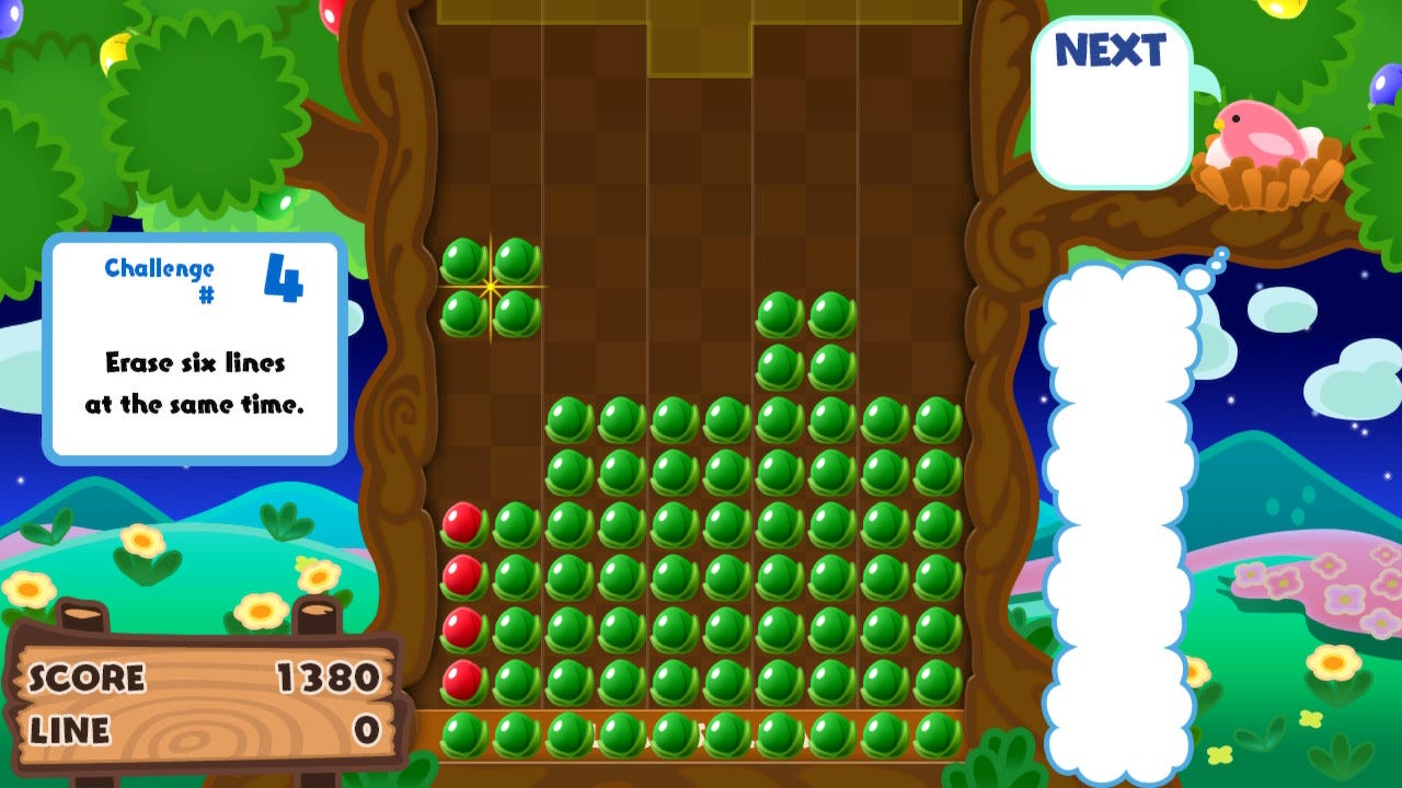 A screenshot from Drop, Connect, Erase displaying Challenge #4, where you must erase six lines at the same time. You get three pieces to use, and if you don't place them in an exact way, you'll fail.