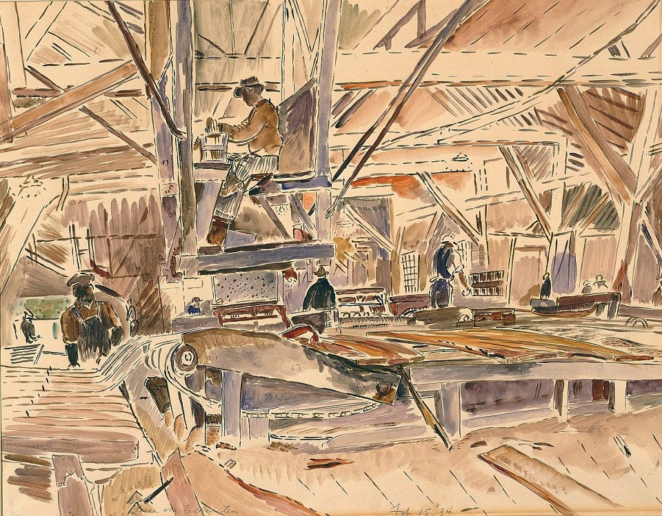 Claire Falkenstein, Inside A Lumber Mill, 1934, watercolor, Smithsonian American Art Museum, Transfer from the U.S. Department of Labor, 1964.1.158