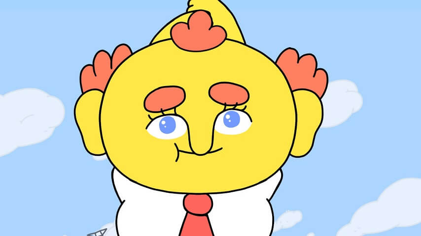 A yellow, melon-shaped character in a suit grasping a net handle above his head