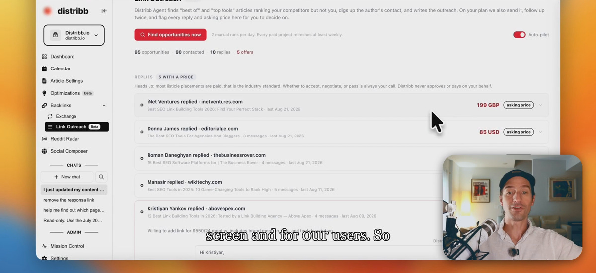 Distribb Link Outreach screen listing backlink prospects and approval controls