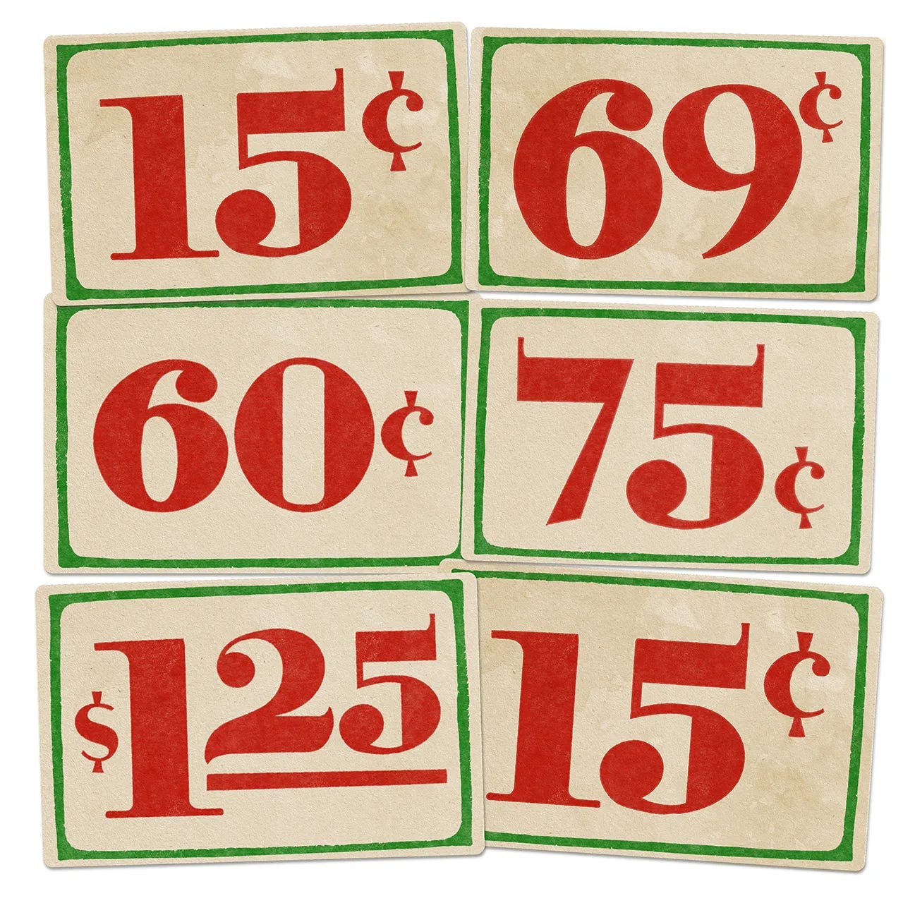 Six vintage-style retail price cards with bold red numerals on cream backgrounds with green borders, showing prices of 15¢, 69¢, 60¢, 75¢, $1.25, and 15¢.