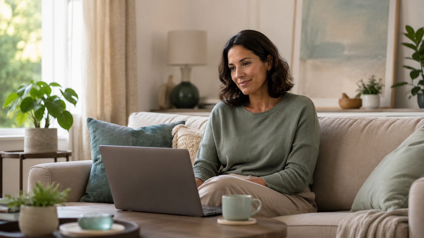 Woman seated on a sofa during a calm online support session in a softly lit room.