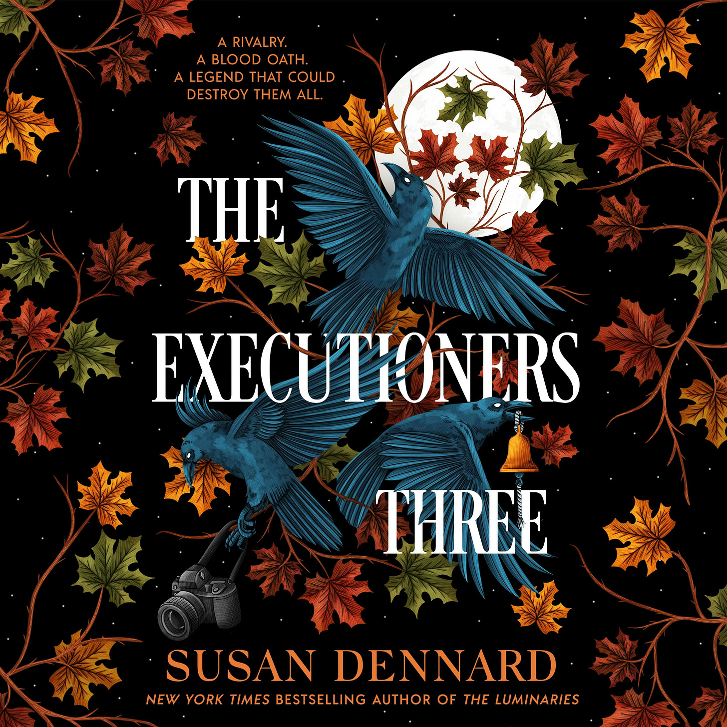 The cover of The Executioners three showing illustrated fall foliage in green, orange, and brown with three crows flying ominously by and and a full moon