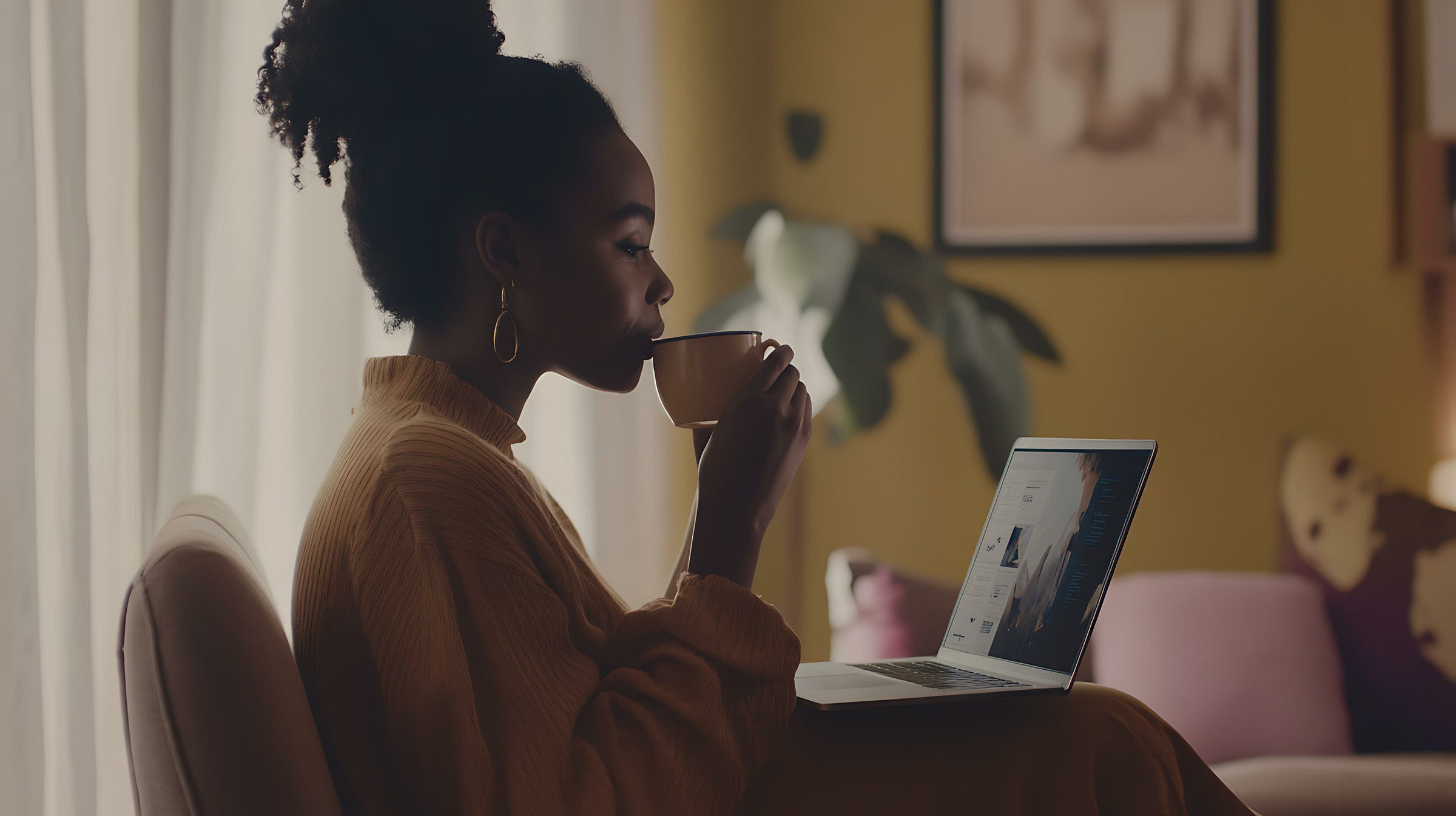black woman peacefully sips coffee as she checks email on computer