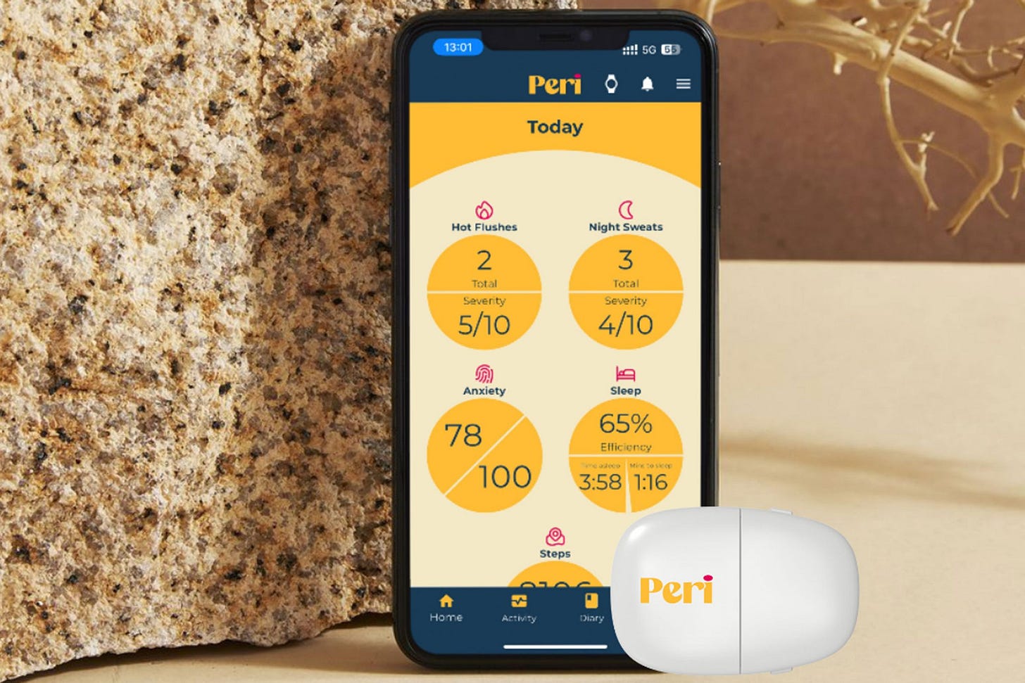 Render of Peri app and wearable.