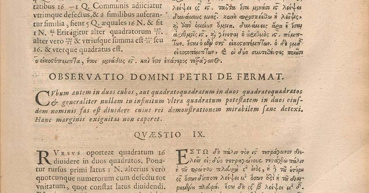 The 1670 edition of Diophantus Arithmetica, page 61, printing Fermat marginal observation that the margin is too narrow to contain his proof