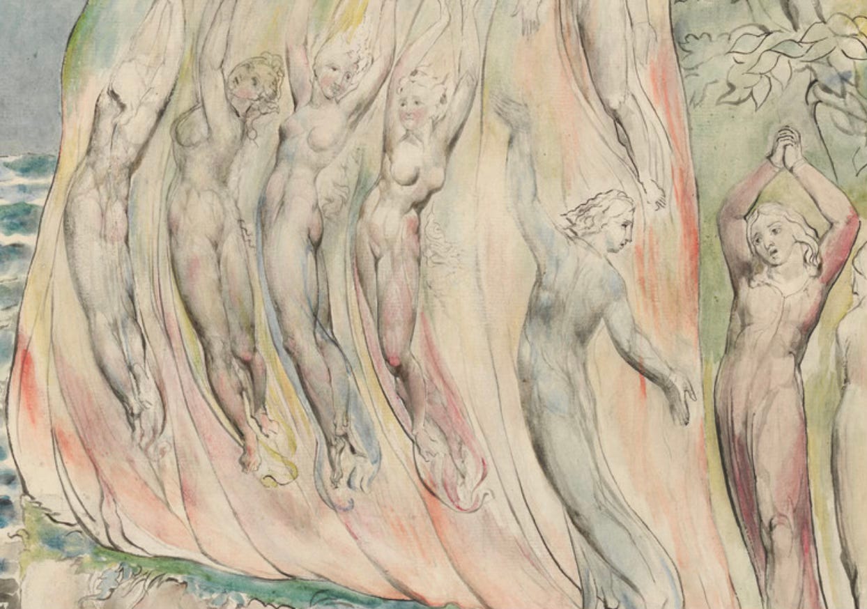 Blake's illustration of Dante's comedy, entering into Purgatory fire