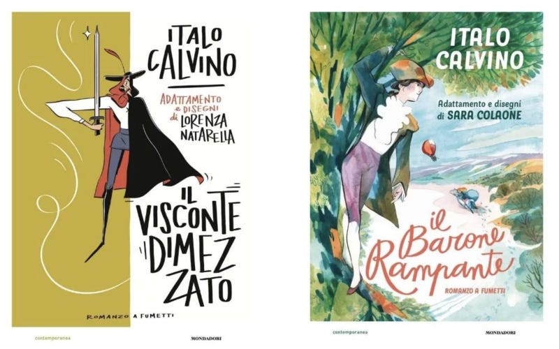 copertina de il visconte dimezzato adattamento a fumetti di lorenza natarella del romanzo di italo calvino e copertina de il barone rampante adattamento a fumetti di sara colaone del romanzo di calvino
