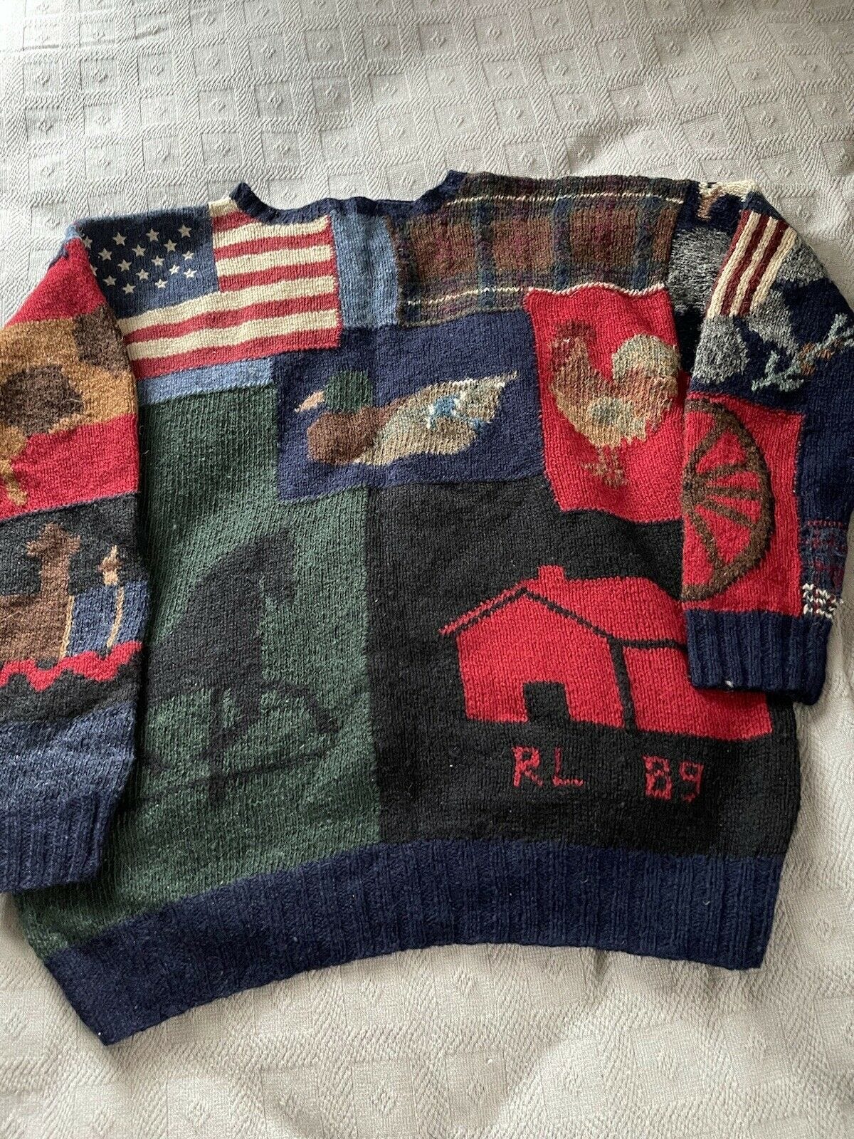 Image 1 - Vintage Polo Country Ralph Lauren Hand Knit Wool Patchwork Size M Image 1 - Vintage Polo Country Ralph Lauren Hand Knit Wool Patchwork Size M