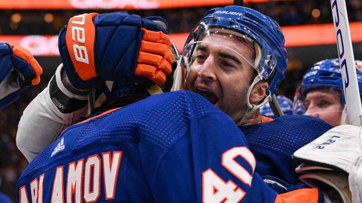 Apr 11, 2024; Elmont, New York, USA; New York Islanders center Kyle Palmieri (21) celebrates the 3-2 Apr 11, 2024; Elmont, New York, USA; New York Islanders center Kyle Palmieri (21) celebrates the 3-2