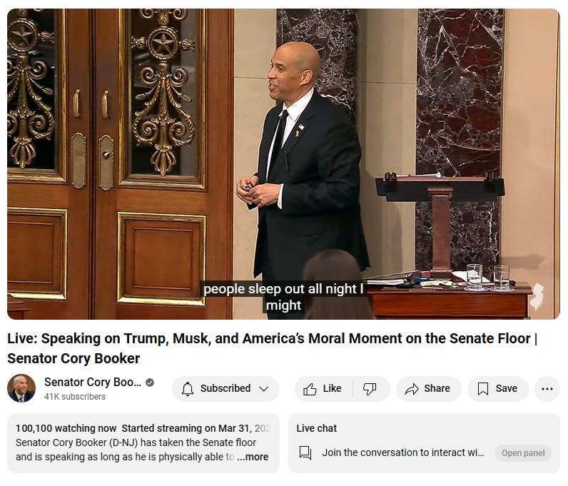 Screengrab of a youtube stream of Senator Cory Booker filibustering in the senate. The viewer count is 100,100