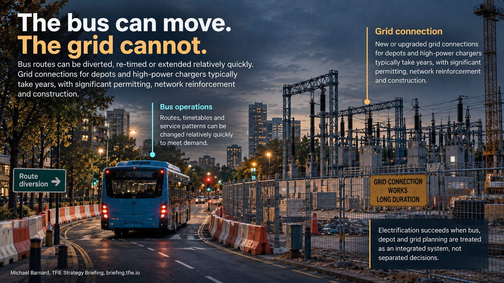 A bus follows a diversion past fixed electrical infrastructure. Buses and service patterns can move, while depot land, substations, connection works and grid capacity remain tied to place. The illustration calls for integrated bus, depot and grid planning.Electric bus beside fixed depot electrical infrastructure. Buses and route packages can move between operators, while depot land, substations and grid-connection capacity remain tied to place.