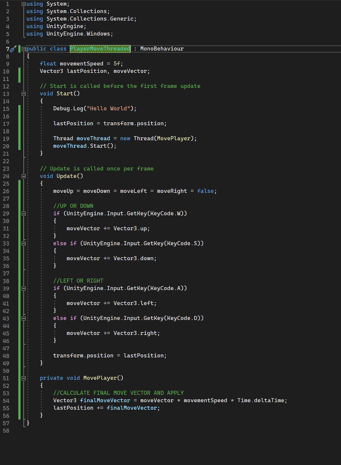 Refactoring code to use a thread to process movement calculations. Note the changes in the Start() method kicking off the thread, and the MovePlayer() method running in it