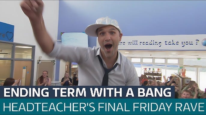 a screenshot of Mr. T with the text ending term with a bang. Head teacher’s final friday rave