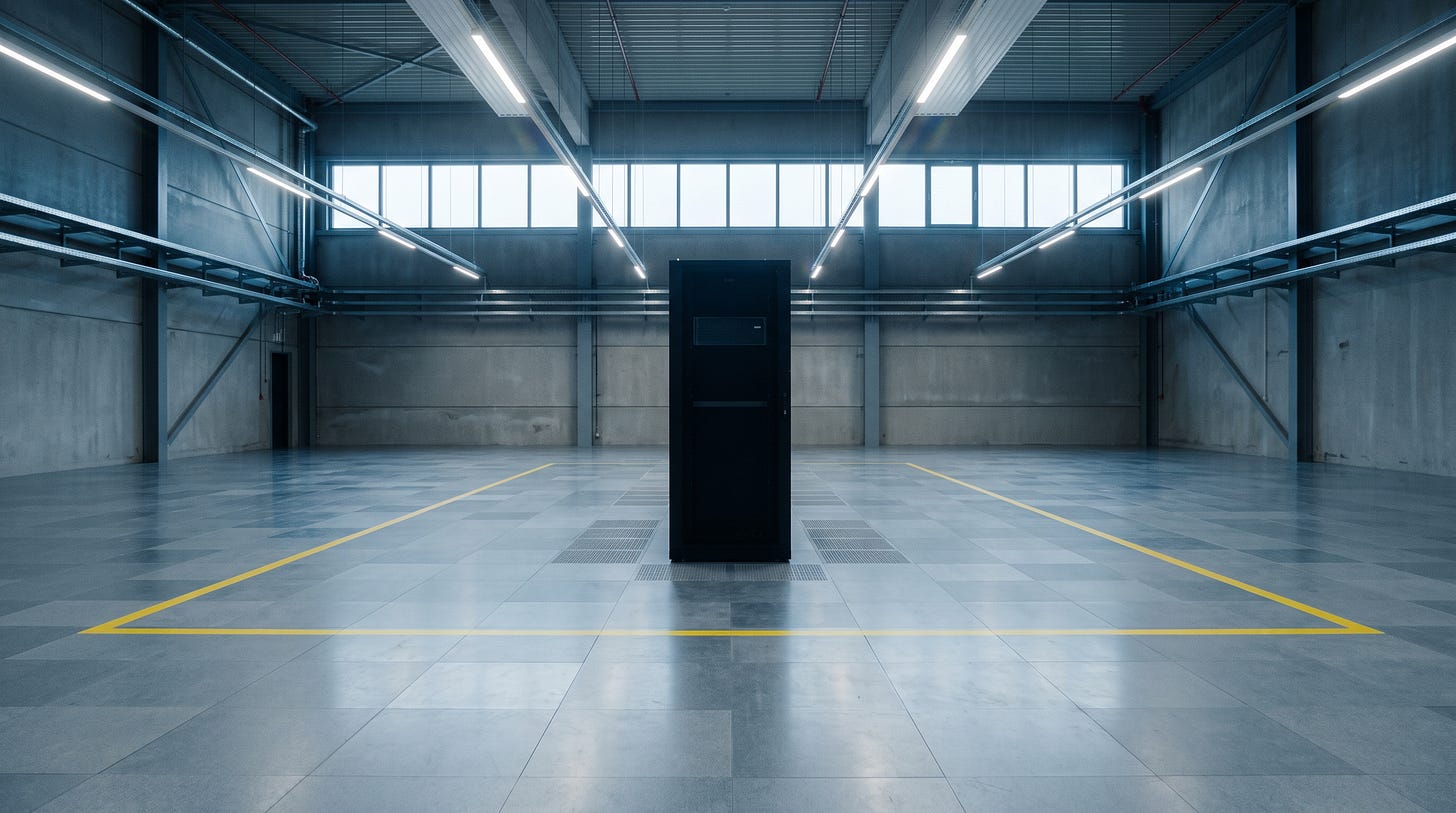Eén serverkast staat alleen in een enorme, nog lege hal Eén serverkast staat alleen in een enorme, nog lege hal