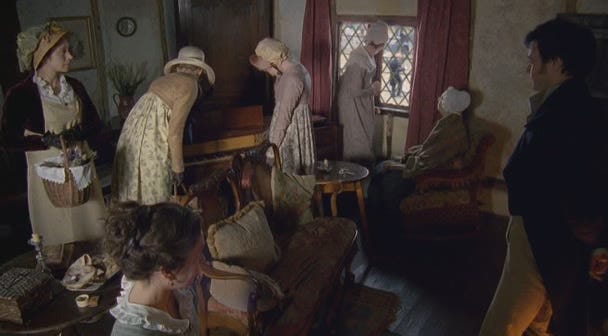 Emma and Harriet admire Jane's new pianoforte. 